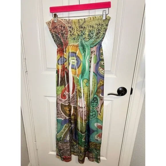 Y2K Lapis Multicolor Floral Burnout Embroidered Strapless Maxi Dress Bohemian - Picture 3 of 8